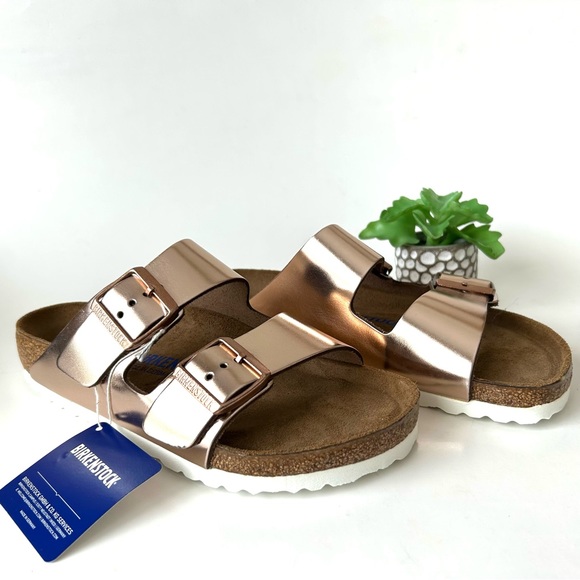 Rose Gold Metallic Copper Birkenstock Arizona Two Strap Sandals New Size 37 - Picture 4 of 11